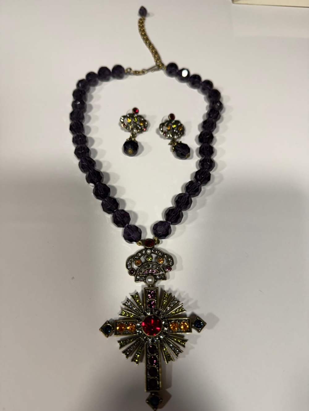 Heidi Daus Purple Beaded Necklace with Jeweled Cross Pendant and Earrings Set